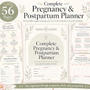 May include: A Complete Pregnancy & Postpartum Planner with 56 pages. The planner includes sections for pregnancy, birth, and postpartum, with guides for each trimester. The design is in soft green and pink tones, with floral accents.