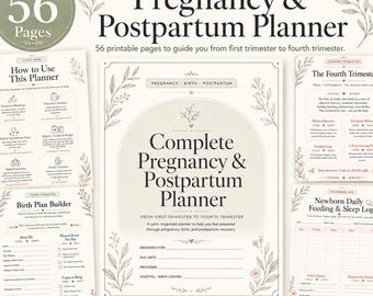 Schwangerschaftstagebuch, druckbarer Schwangerschaftsplaner PDF mit Geburtsplan Vorlage, Wochenplan nach der Geburt, Geschenk zum ersten Mal Mama, Baby-Registry