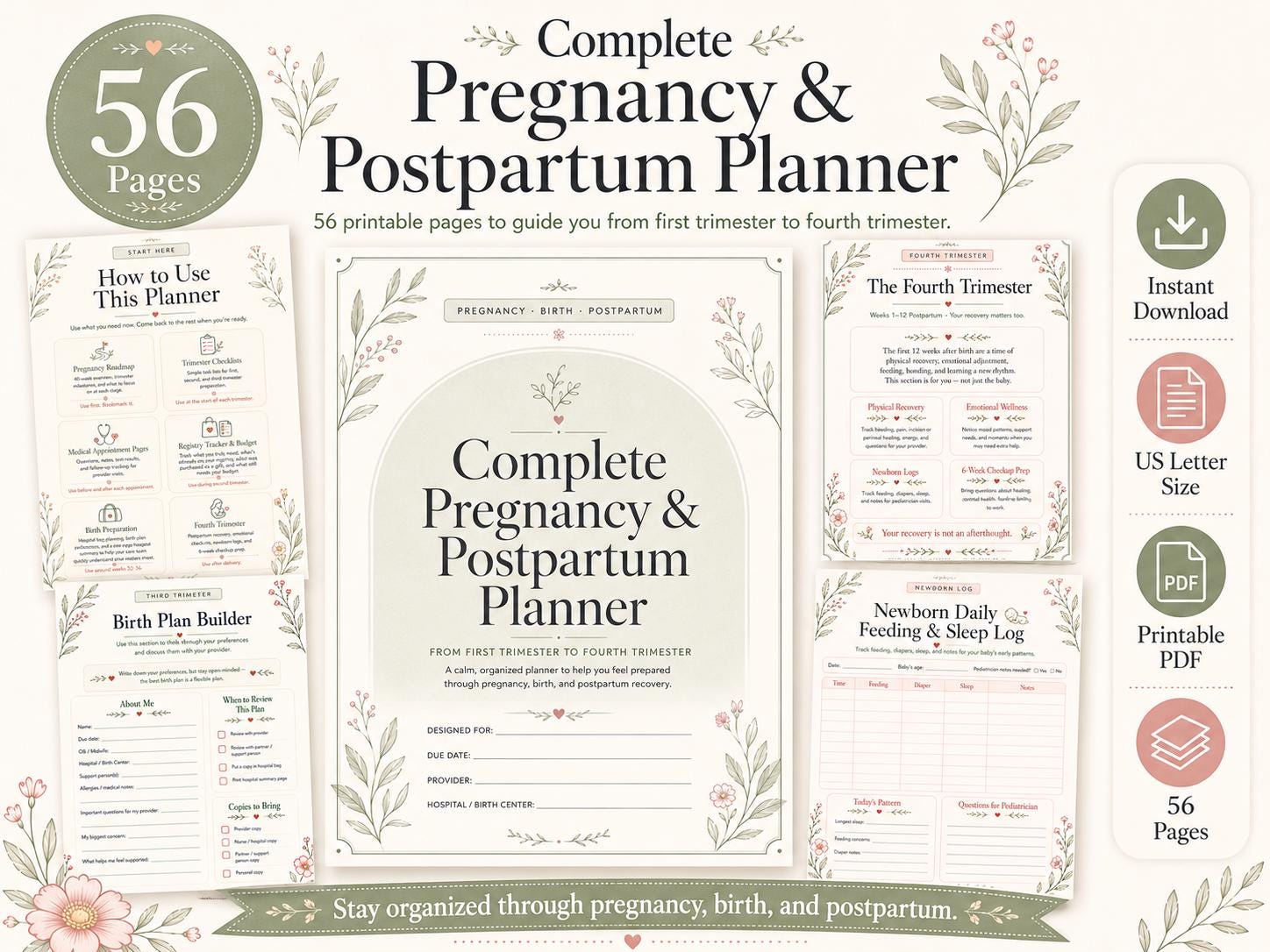 Printable Pregnancy & Postpartum Planner, 56 Page Digital PDF, Birth ...