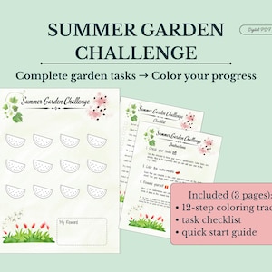 Puede incluir: Una descarga digital en PDF titulada "Summer Garden Challenge", que incluye un rastreador de coloración de 12 pasos, una lista de tareas y una guía de inicio rápido. El diseño presenta rodajas de sandía y acentos florales, con el texto "Completa las tareas del jardín → Colorea tu progreso."