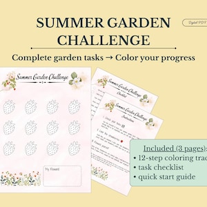May include: A digital PDF titled "SUMMER GARDEN CHALLENGE" with a 12-step colouring tracker featuring strawberry outlines, a task checklist, and a quick start guide. The design includes floral accents and the phrase "Complete garden tasks → Color your progress."