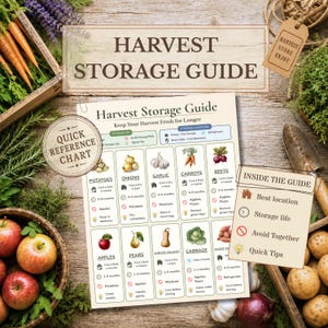 May include: A printed harvest storage guide chart featuring illustrations of vegetables and fruits with text detailing storage locations, shelf life, and tips. The guide includes sections for potatoes, onions, garlic, carrots, beets, apples, pears, winter squash, cabbage, and sweet potatoes.