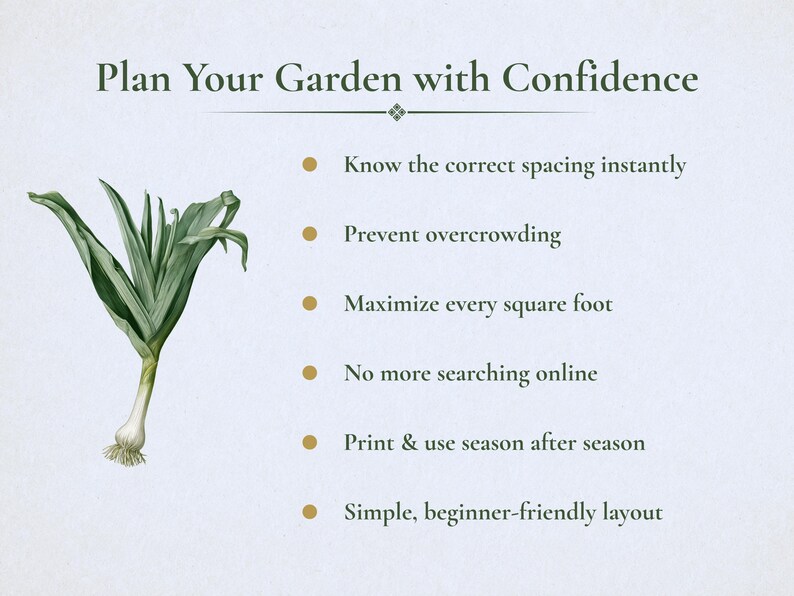 May include: A garden planning guide featuring a green leek illustration and the text Plan Your Garden with Confidence, followed by a list of benefits including Know the correct spacing instantly, Prevent overcrowding, Maximize every square foot.