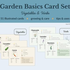 May include: A digital PDF of the "Garden Basics Card Set" featuring vegetables and herbs. The set includes 51 illustrated cards with growing tips and uses. Cards for garlic, cucumber, carrot, chamomile, lavender, and rosemary are visible.