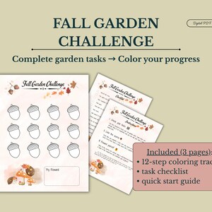May include: A Fall Garden Challenge digital PDF download featuring three pages: a 12-step acorn coloring tracker, a task checklist, and a quick start guide. The pages include autumn-themed illustrations of acorns, leaves, and mushrooms.