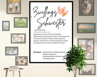Definition of Twin Sister Poster A4 | Loving Gift Idea for Birthday or Christmas | Instant PDF Template Download | Last Minute Gift