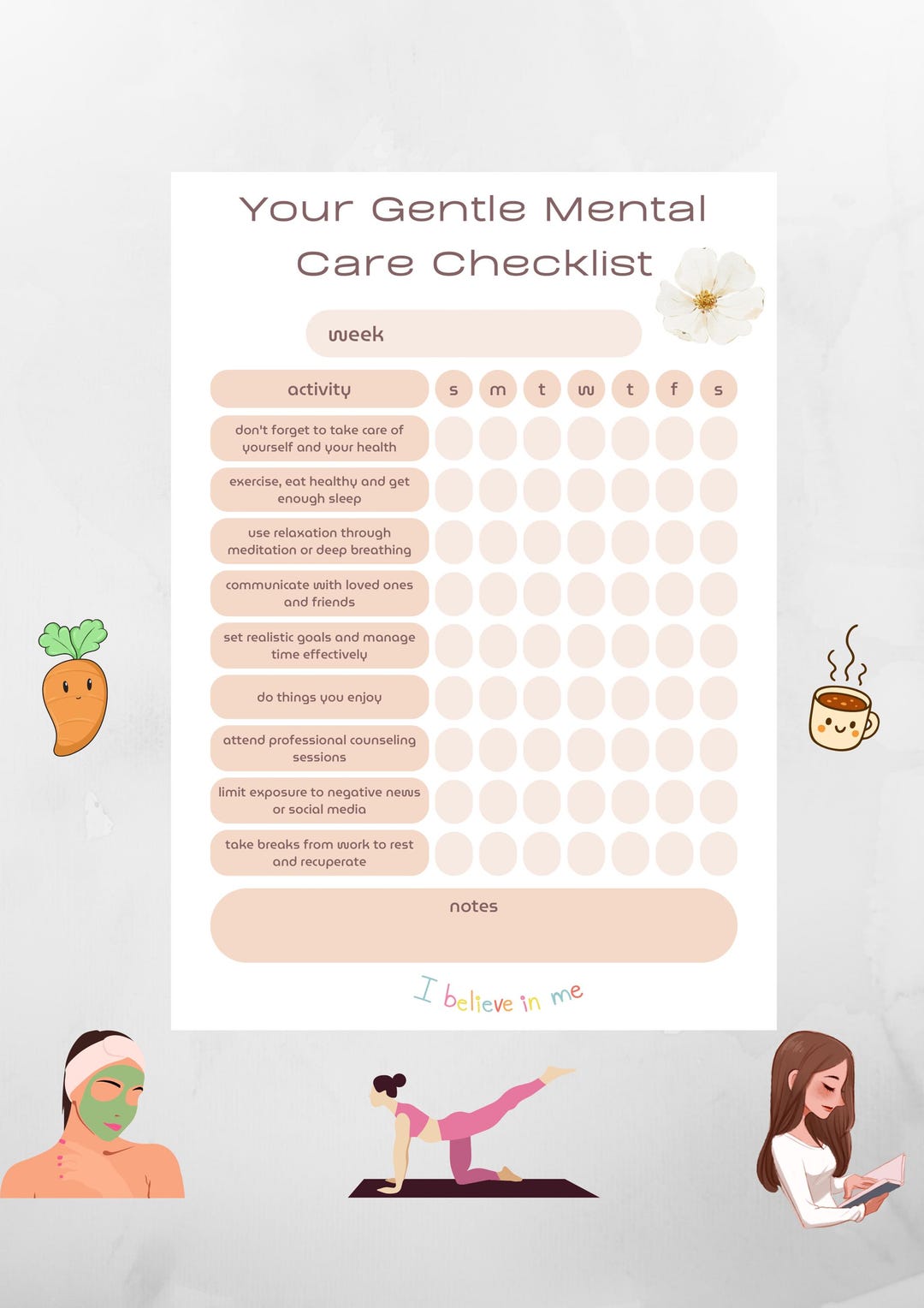 Inspirational Checklist Printable Self Care Checklist & Inspirational Quote for Women | Self ...