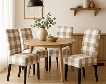 Direct leverbaar - Beige buffelruit hoezen voor eetkamerstoelen (standaardlengte) – Set van 4 – Compatibel met IKEA Henriksdal (VS/Canada)