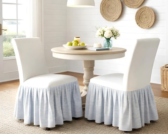 Set of 2 – White Linen Dining Chair Slipcovers with Blue Ticking Stripe Skirt – Compatible with IKEA Henriksdal (USA/Canada Size)