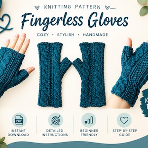 PATRÓN DE TEJIDO - Guantes sin dedos fáciles con punto trenzado. Guantes básicos de invierno para calentar las manos. Descarga digital instantánea en PDF.