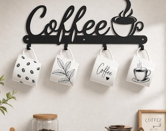 Coffee Cup Script Wall Rack,Minimalist Coffee Nook Metal Art,Rustic Kitchen Counter Mug Hook Sign,Coffee Station Wall Hook,Coffee Lover Gift