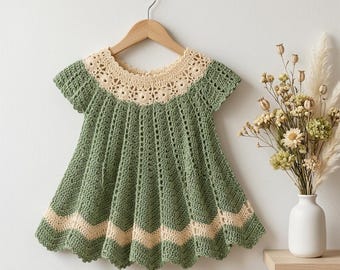 Patrón de vestido de bebé de ganchillo verde salvia, vestido vintage con volantes, tallas para recién nacidos y niños pequeños (descarga en PDF)