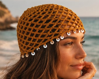 Patrón PDF de gorro de ganchillo de malla para verano – Cubrecabezas de playa con cuentas