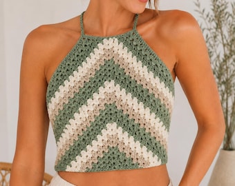 Top de ganchillo estilo halter, top corto con punto de abuela, ideal para festivales de verano (patrón en PDF).