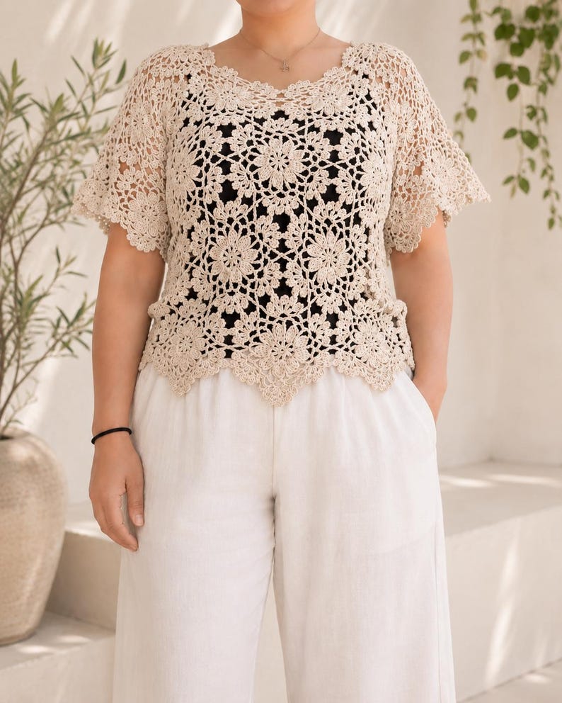 Patrón de blusa de crochet con estampado floral en PDF – Top de verano bohemio de encaje imagen 11