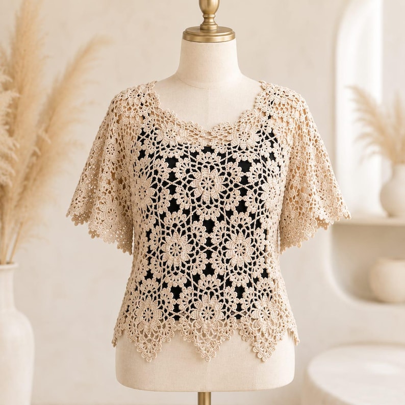 Puede incluir: Un top de ganchillo beige con un patr&oacute;n de motivos florales repetitivos, mangas cortas acampanadas y un dobladillo festoneado. La prenda se muestra en un maniqu&iacute; y se superpone sobre una capa base negra s&oacute;lida, destacando el tejido.