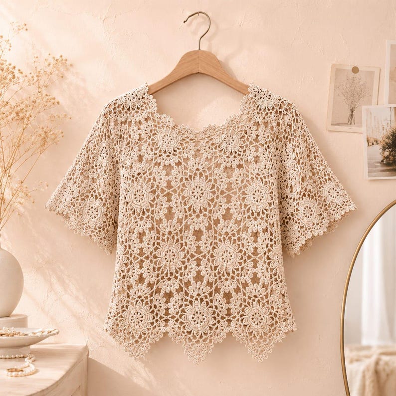 Puede incluir: Un top de ganchillo beige con un intrincado patr&oacute;n floral en toda la prenda. El top tiene mangas cortas, un dobladillo festoneado y un escote ancho, todo confeccionado con un delicado tejido de punto calado colgado en una percha de madera.