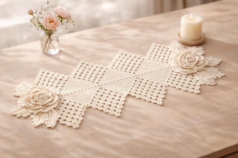 Crochet Table Runner Pattern, Floral Lace, Rose Design, Beginner Friendly (PDF Download) image 1