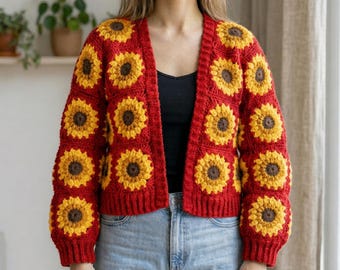 Patrón de cárdigan de girasol a crochet, tutorial de suéter de cuadrados estilo abuela, chaqueta bohemia (descarga en PDF)