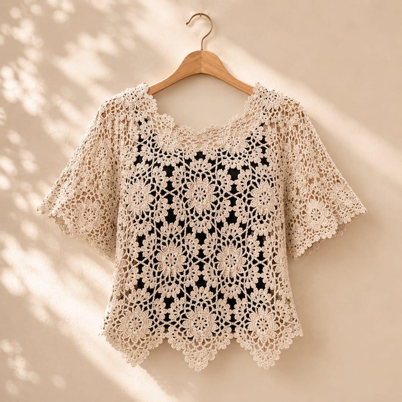 Puede incluir: Un top de ganchillo beige con un patr&oacute;n de motivos florales repetitivos, mangas cortas y un dobladillo festoneado. La prenda se muestra en una percha de madera, exhibiendo un intrincado dise&ntilde;o calado sobre una base negra s&oacute;lida.