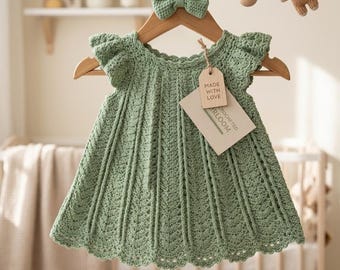 Crochet Baby Dress Pattern, Newborn to 24 Months, Sage Green Frock (PDF Download)