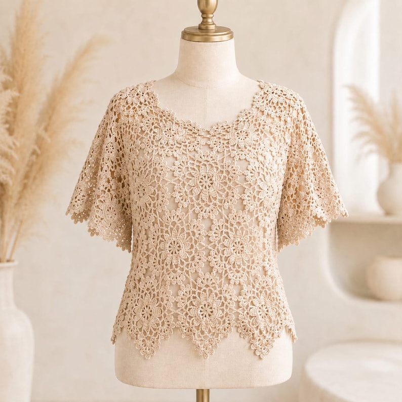 Patrón de blusa de crochet con estampado floral en PDF – Top de verano bohemio de encaje imagen 16