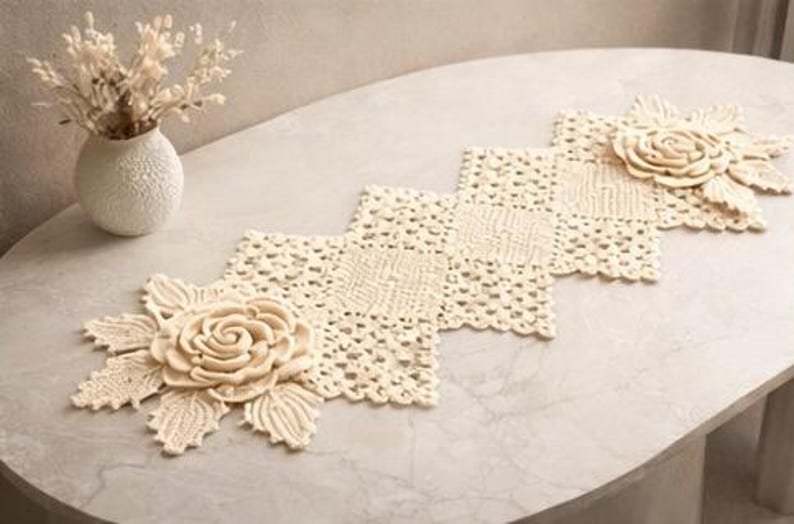 Crochet Table Runner Pattern, Floral Lace, Rose Design, Beginner Friendly (PDF Download) image 2