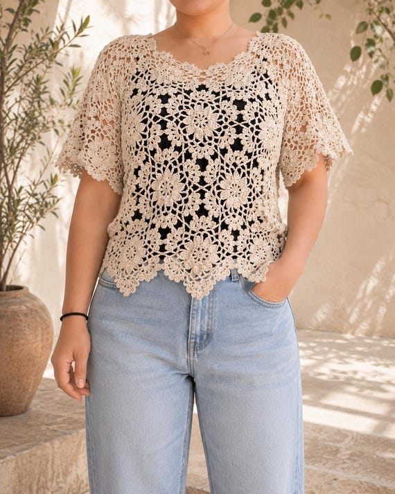 Crochet Blouse Pattern, Flower Motif Boho Lace Summer Top (PDF Download)