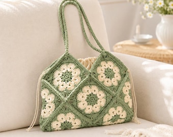 Patrón de bolso cuadrado de ganchillo con flores estilo abuela, bolso de hombro DIY (descarga en PDF)