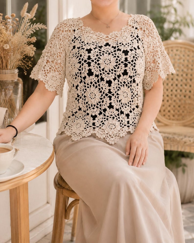 Patrón de blusa de crochet con estampado floral en PDF – Top de verano bohemio de encaje imagen 7