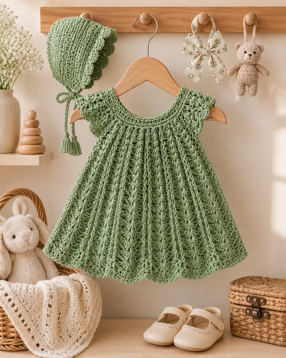 sage green crochet dress Baby Pattern, Newborn to 12 Months, Frock (PDF Download) Crochet patterns