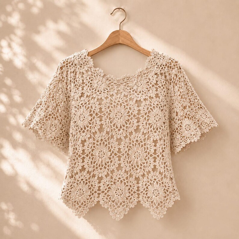 Patrón de blusa de crochet con estampado floral en PDF – Top de verano bohemio de encaje imagen 14