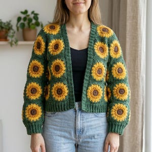 Häkeln Daisy Blumen Cardigan Muster PDF, Oma Quadrat Pullover Anleitung, Boho knopflose Jacke, anfängerfreundlicher digitaler Download