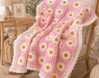 Patrón de manta de ganchillo cuadrada Daisy Grandma, regalo floral para baby shower (patrón en PDF)
