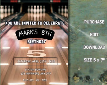 Editable Bowling Birthday Invitation (5x7"), Digital Download