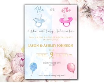 Editable Gender Reveal Invitation, Pink or Blue Pacifier (Digital Download)