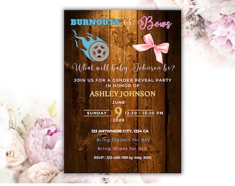 Burnout or Bows Gender Reveal Invitation, Editable Template