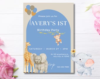 First Birthday Zoo Invitation, Elephant Giraffe Party (Digital Download)