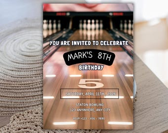 Editable Bowling Birthday Party Invitation (Digital Download, 5x7" Template)