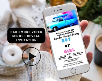 Pick up Car Smoke Video Gender Reveal Invitation (Digital File)