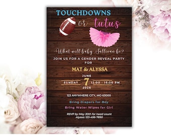 Touchdowns or Tutus Gender Reveal Invitation, Editable Template