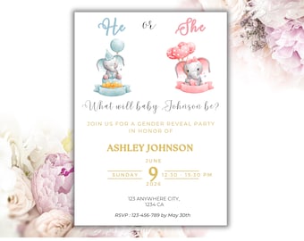Editable Elephant Themed Gender Reveal Invitation, Pink or Blue Elephant gender reveal invitation (Digital Download)