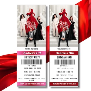 Könnte beinhalten: Zwei Veranstaltungstickets mit dem Filmplakat für "Der Teufel trägt Prada". Die Tickets sind für Andreas 11. Geburtstagsparty, mit Details wie Datum, Uhrzeit, Ort und RSVP-Informationen. Die Tickets sind rot und rosa.