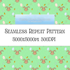 May include: Seamless repeat pattern with cartoon bunnies, carrots, and Easter eggs on a light green backdrop. The design includes the text "Crystal Glow Collective" and "Seamless Repeat Pattern 5000x5000px 300DPI".