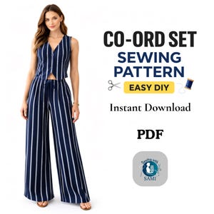 May include: Navy blue and white striped co-ord set sewing pattern. The set includes a sleeveless top and wide-leg pants. The text on the image says "CO-ORD SET SEWING PATTERN EASY DIY Instant Download PDF".