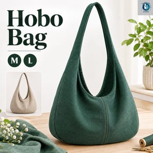 May include: A dark green hobo bag with a single shoulder strap and a central vertical seam. The bag features a slouchy, rounded silhouette. A smaller inset image shows the same hobo bag design in a light beige color. Text reads Hobo Bag M L.