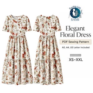 Può includere: Sono esposti due eleganti abiti floreali con maniche corte e gonna a balze. Gli abiti presentano uno sfondo bianco con un motivo di fiori rossi e marroni. È visibile anche il testo "Elegant Floral Dress" e "XS-XXL".