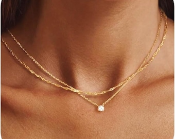 Layered Gold Necklace for Women, 14k Gold Filled Singapore Chain, Solitaire Diamond Pendant Necklace, Delicate Dainty Layering Chains Set