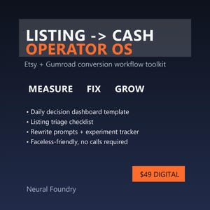 May include: A digital product advertisement with a dark blue background. The text "LISTING -> CASH OPERATOR OS" is in white and orange. The ad promotes an Etsy and Gumroad conversion workflow toolkit. Bullet points list features like a daily decision dashboard.