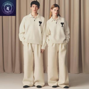 Suéter unissex de tricô artesanal inspirado em Paris com coração || Pulôver de luxo com gola polo || Suéter urbano